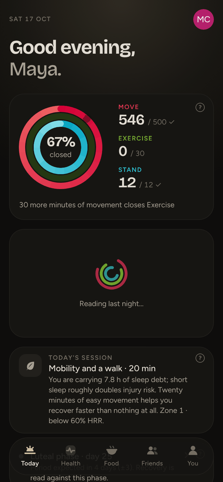 Lack's Today screen: rings, recovery, sleep and strain scores, and the day's focus